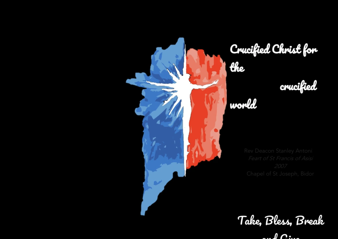 Father Stanley’s supplied 2007 artwork: a white crucified figure against blue and red, with the words Crucified Christ for the crucified world