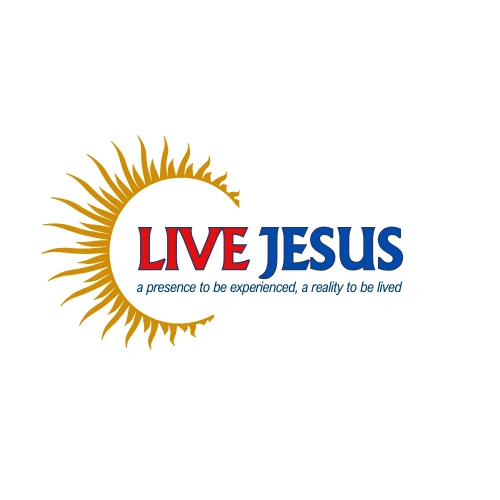 Live Jesus parish logo with a gold rising sun, red LIVE and blue JESUS lettering